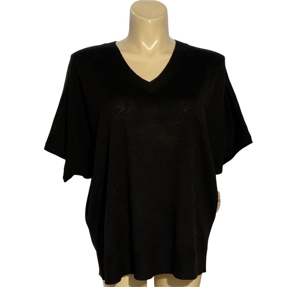 NWT Coldwater Creek Sweater 1X‎ Solid Black Slouchy V Neck Pleated Back Wool Bl